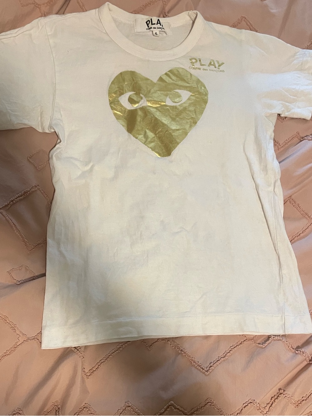 Comme des Garcons PLAY Kids White Tee with Metallic Gold Heart